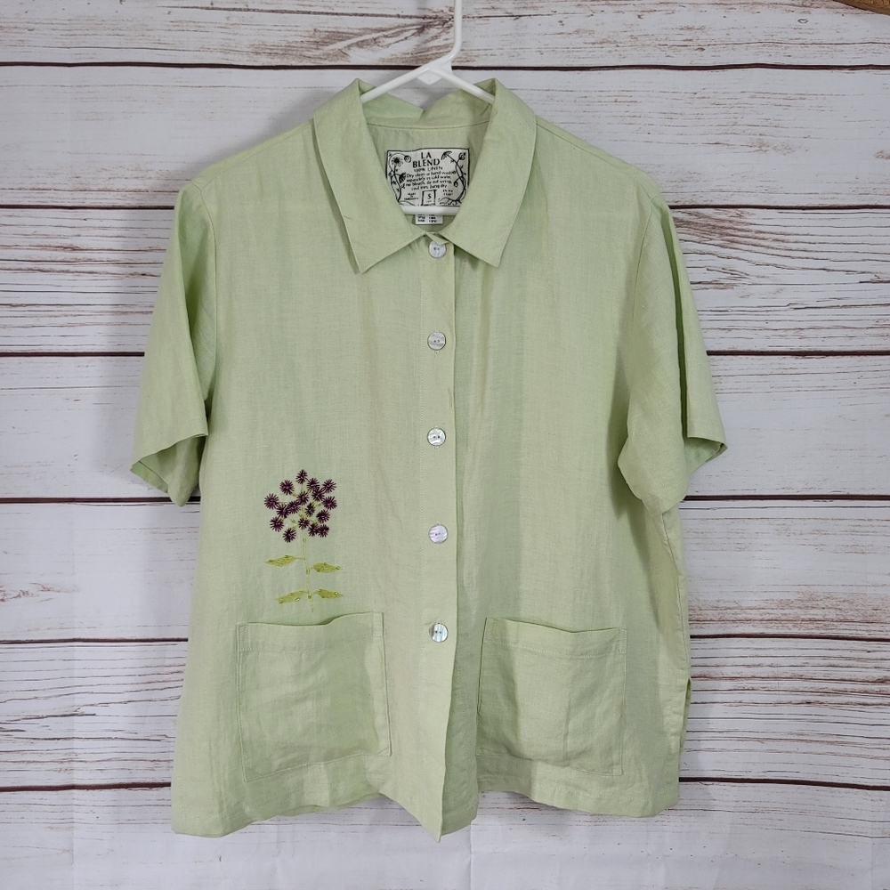 LA Blend | Linen Beaded Floral Button Up Short Sleeve Top Lagenlook - Picture 2 of 7